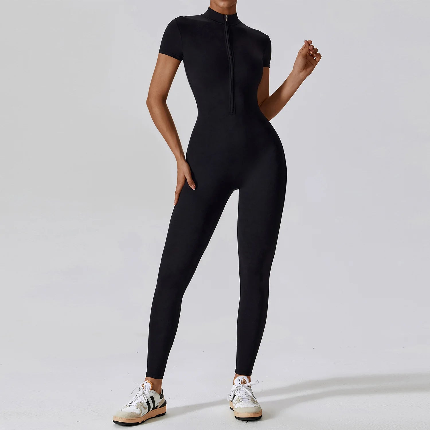 Women's Short Sleeve Nylon Blend Workout Jumpsuit with Collar and Front Zip