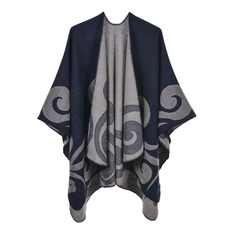 Patterned Fringed Open Front Poncho for Layering over Outfits