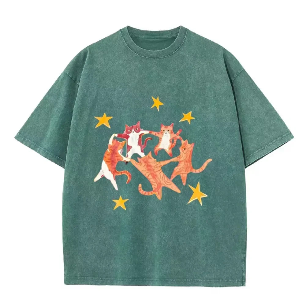 Vintage Washed Purple Dancing Orange Cats Star Print Casual Cute Animal Graphic T Shirt