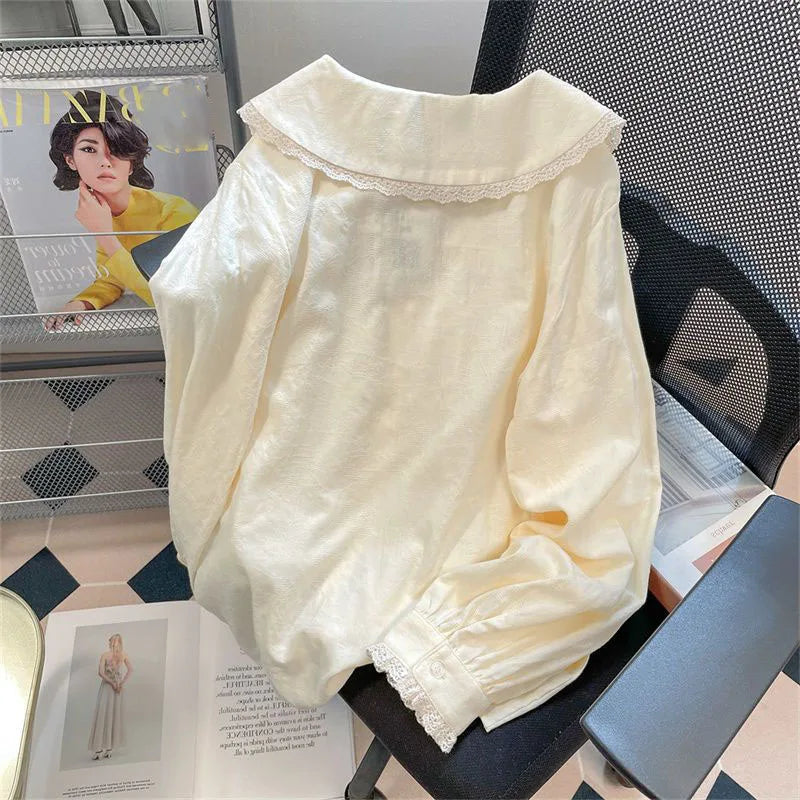 Women's Lace Detail Peter Pan Collar Long Sleeve Shirt