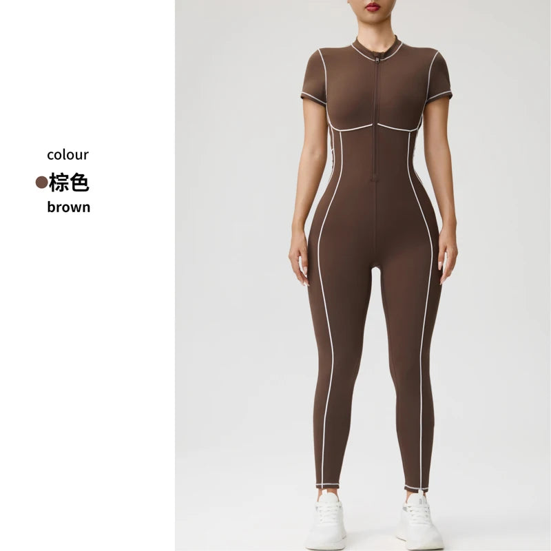 Women's Short Sleeve Nylon Blend Workout Jumpsuit with Back Cutout