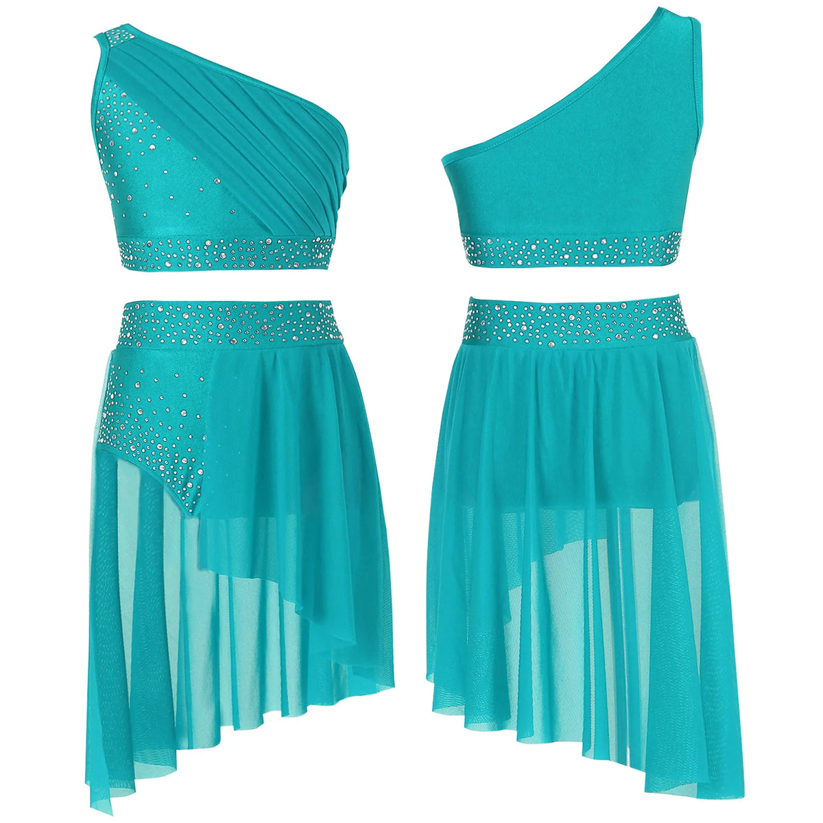 Girls' Lyrical Dance Costume Styles with Rhinestones and Skirted Outfit Options
