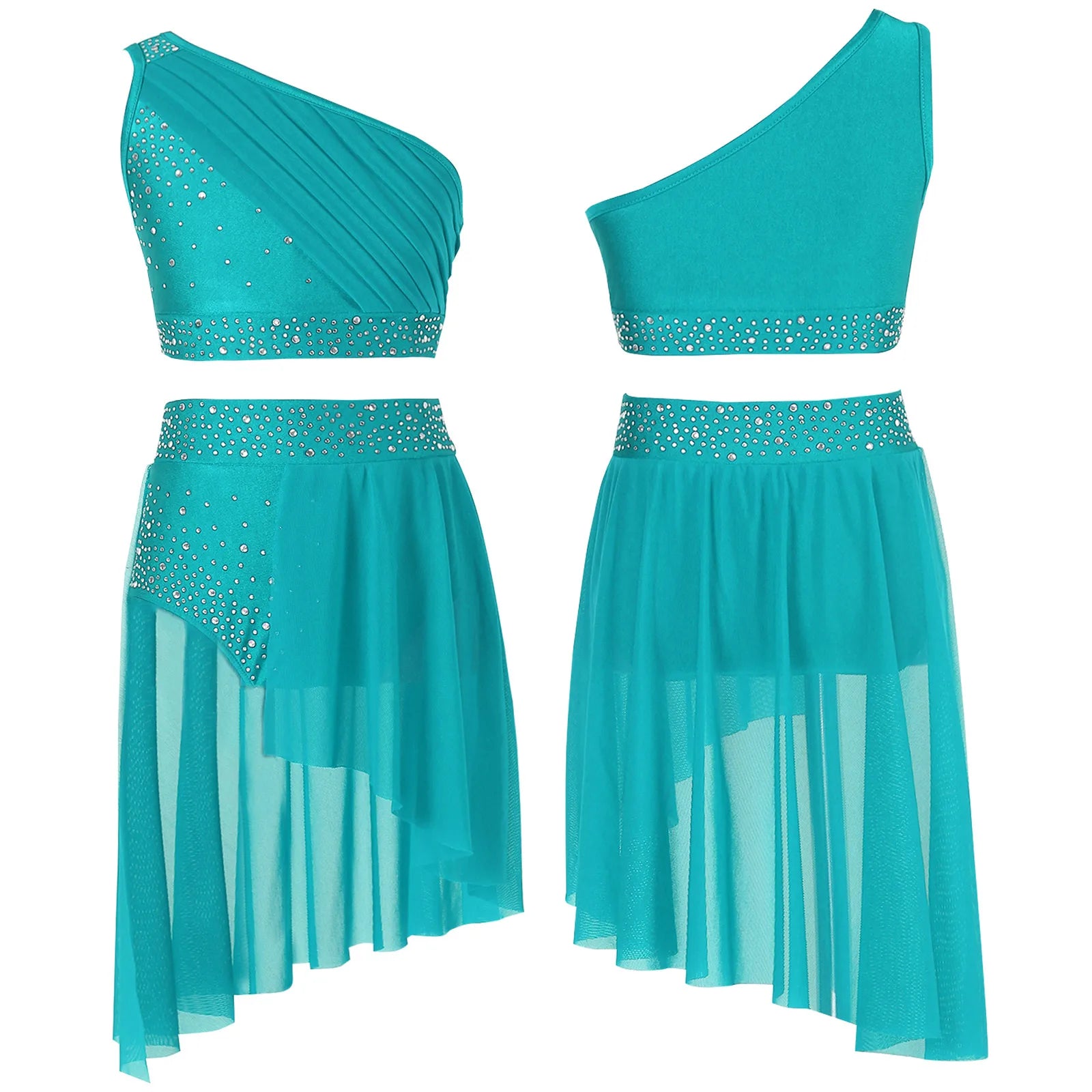 Girls' Lyrical Dance Costume Styles with Rhinestones and Skirted Outfit Options