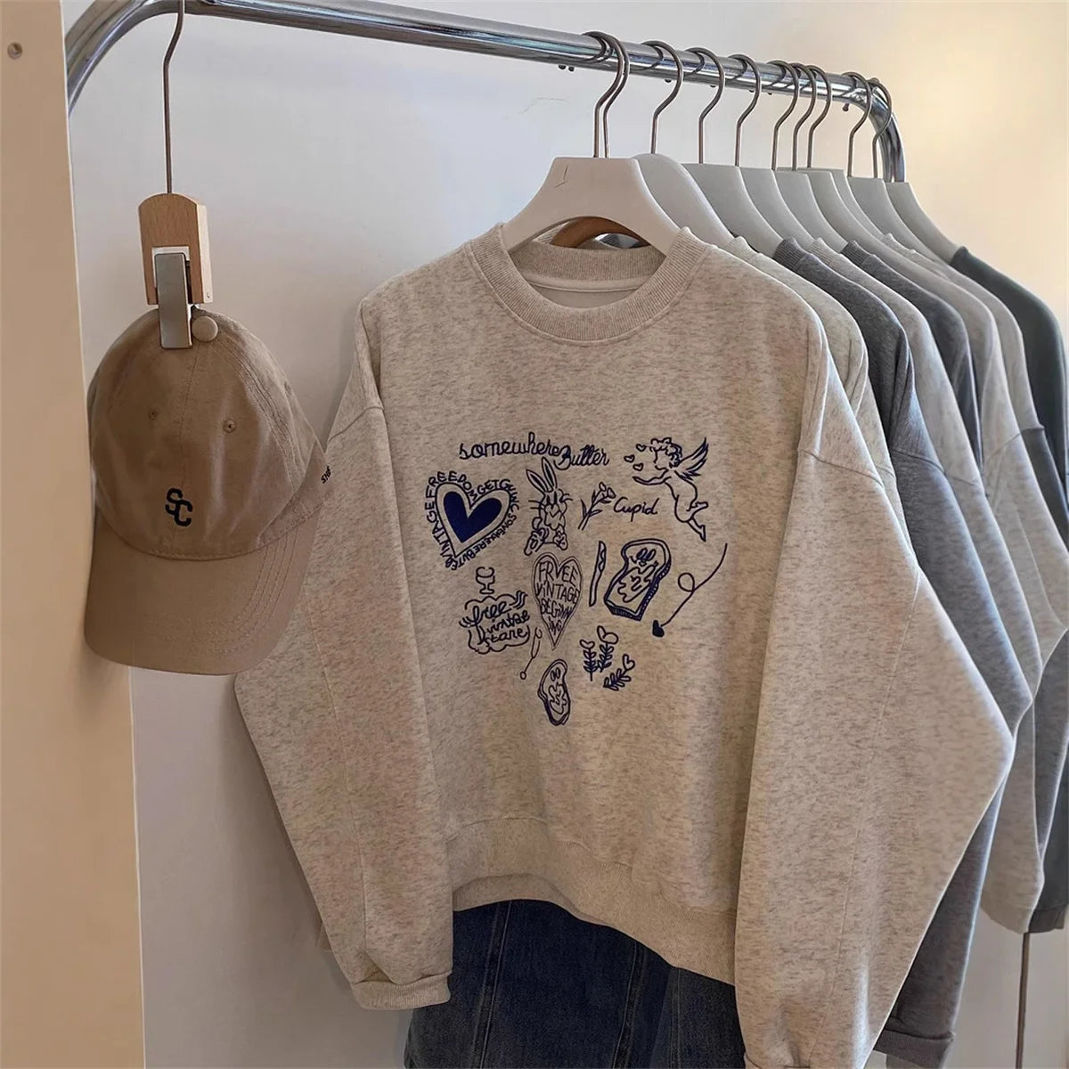 Embroidered Long Sleeve Pullover Casual Sweatshirt for Layering