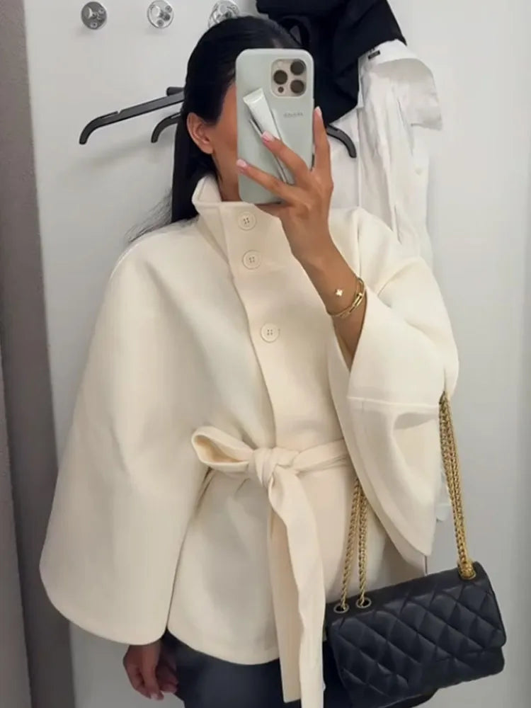 Belted Button Stand Collar Cape for Layering over Outfits