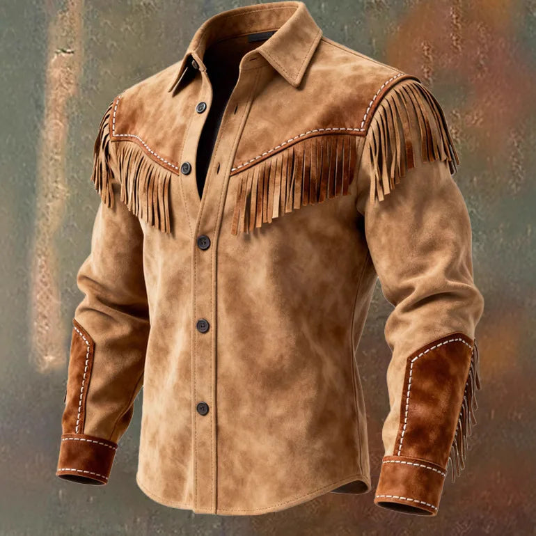 Men's Suede-Look Fringed Button-Front Long-Sleeve Jacket