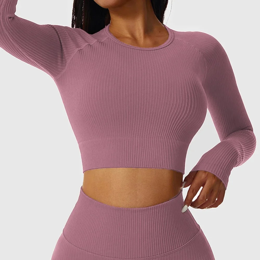 Women's Contrast-Stripe Long-Sleeve Workout Crop Top