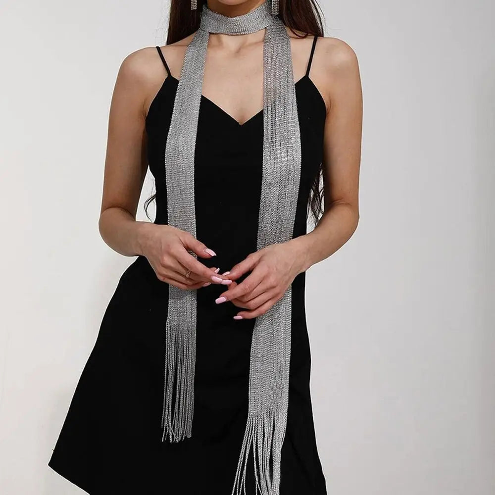 Sheer Long Narrow Scarf with Shimmer and Tassel Ends