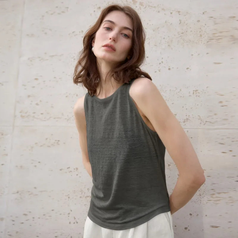 Women's Linen Sleeveless Round-Neck Tank Top for Casual Summer Daily Wear Outfits