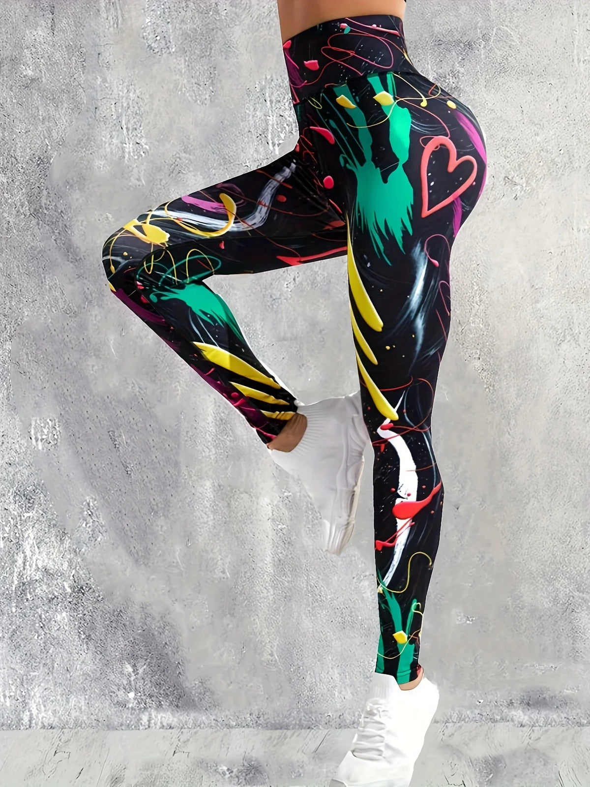 Women's Colourful Graffiti Heart Print Polyester Leggings with High Waist