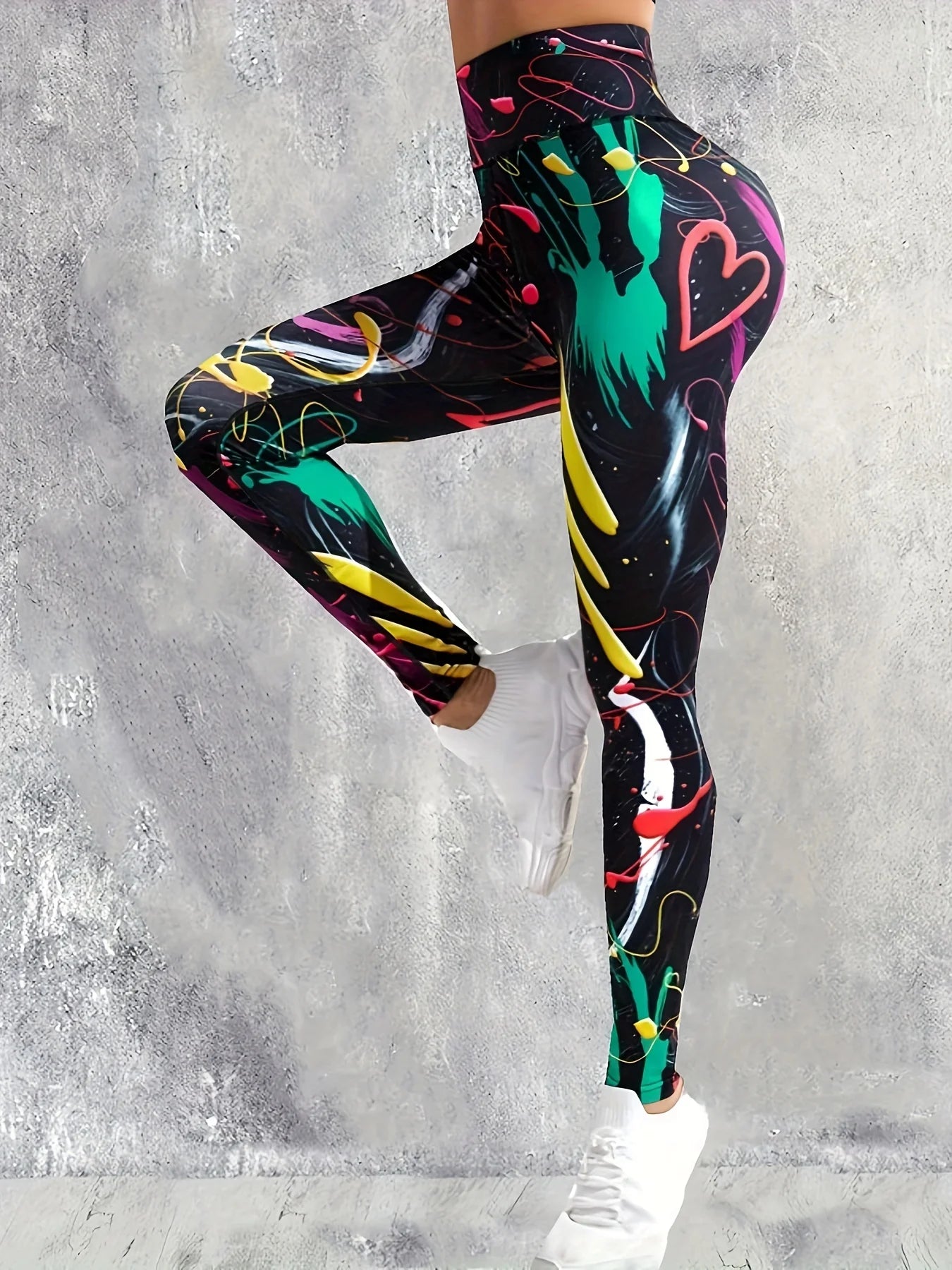 Women's Colourful Graffiti Heart Print Polyester Leggings with High Waist