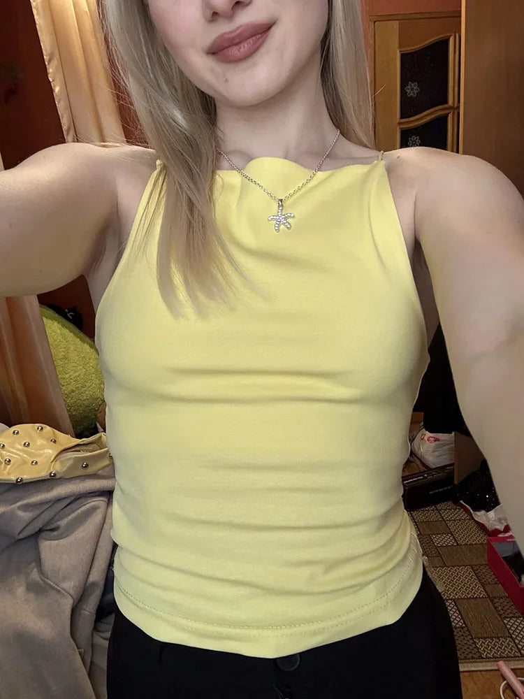Women's High Neck Cotton Blend Camisole with Thin Straps and Straight Hem