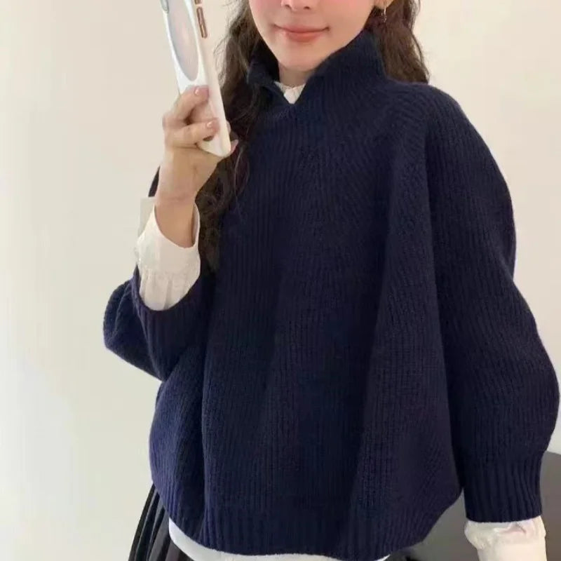 Half-open high-neck three-quarter sleeve cashmere sweater women loose cashmere sweater for autumn and winter thickened sweater