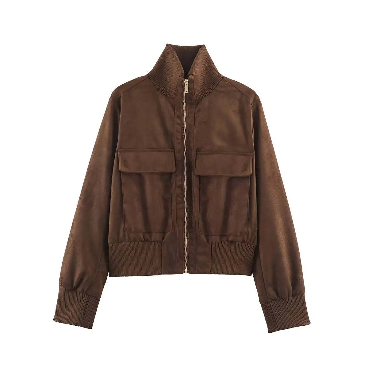Women's Stand Collar Pocket Zip Front Jacket for Layered Outfits