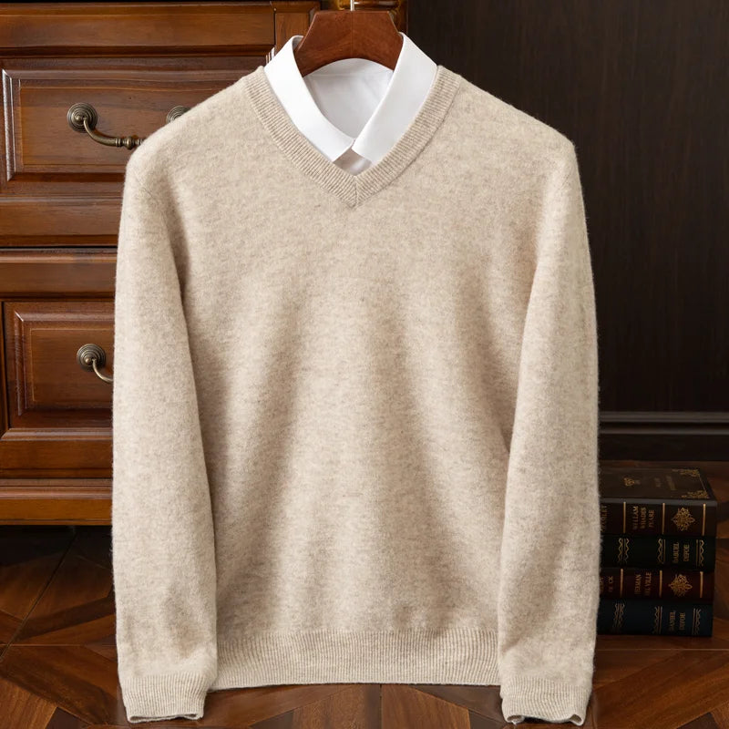 Men's Wool V-Neck Long-Sleeve Knit Pullover Sweater