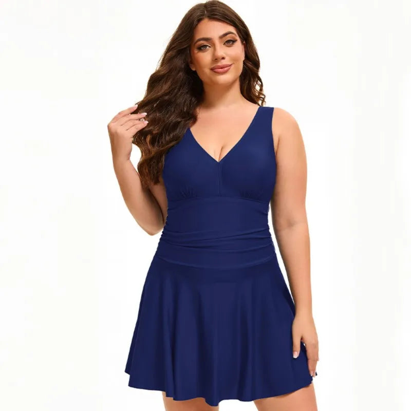 Women's V Neck Ruched Waist Skirted Swimdress Bathing Suit
