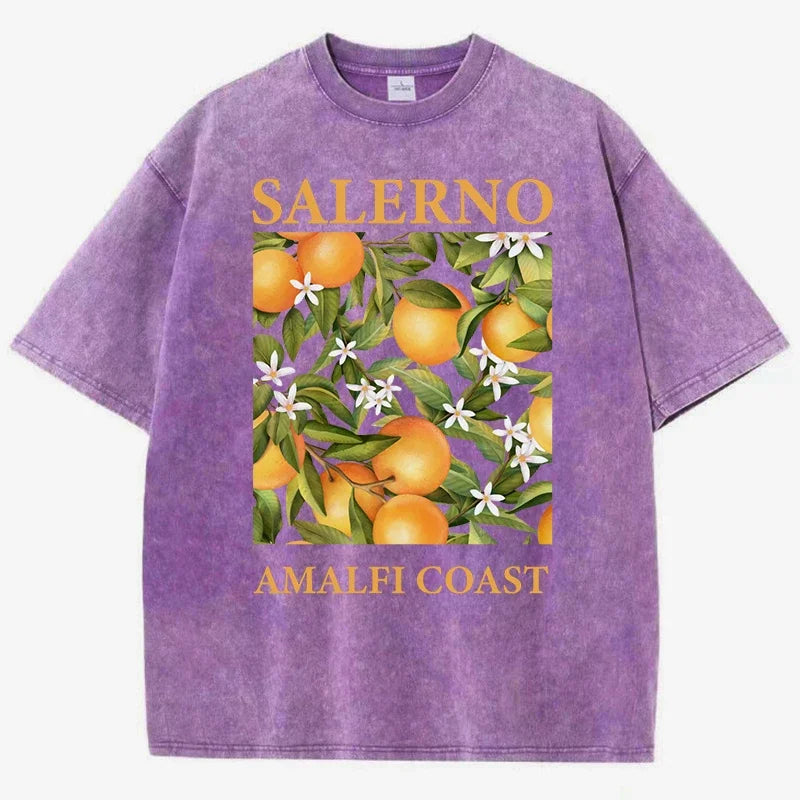 Fresh Orange Design Men's Washed Short Sleeve T-shirt Summer Casual Hip Hop Top Loose Cotton Short Sleeve