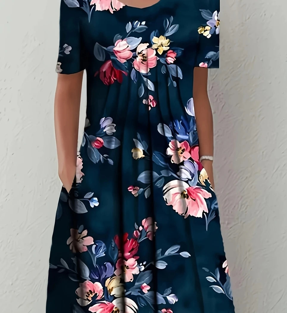 Women's Polyester Floral-Print Short-Sleeve Round-Neck A-Line Knee-Length Dress for Casual Everyday Outfits