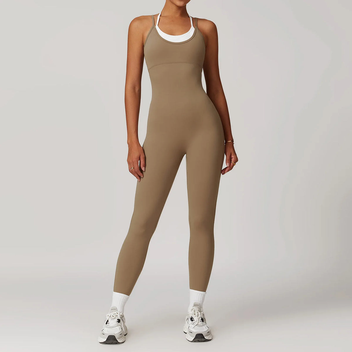 Women's Cross Back Nylon Blend Workout Jumpsuit with White Trim and Long Legs