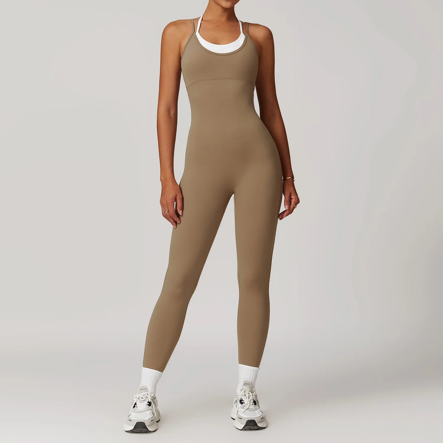Women's Cross Back Nylon Blend Workout Jumpsuit with White Trim and Long Legs