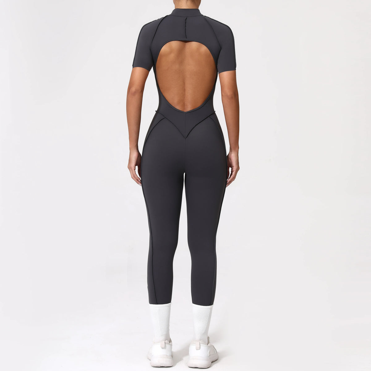 Women's Cap Sleeve Zip Front Back Cutout Workout Jumpsuit
