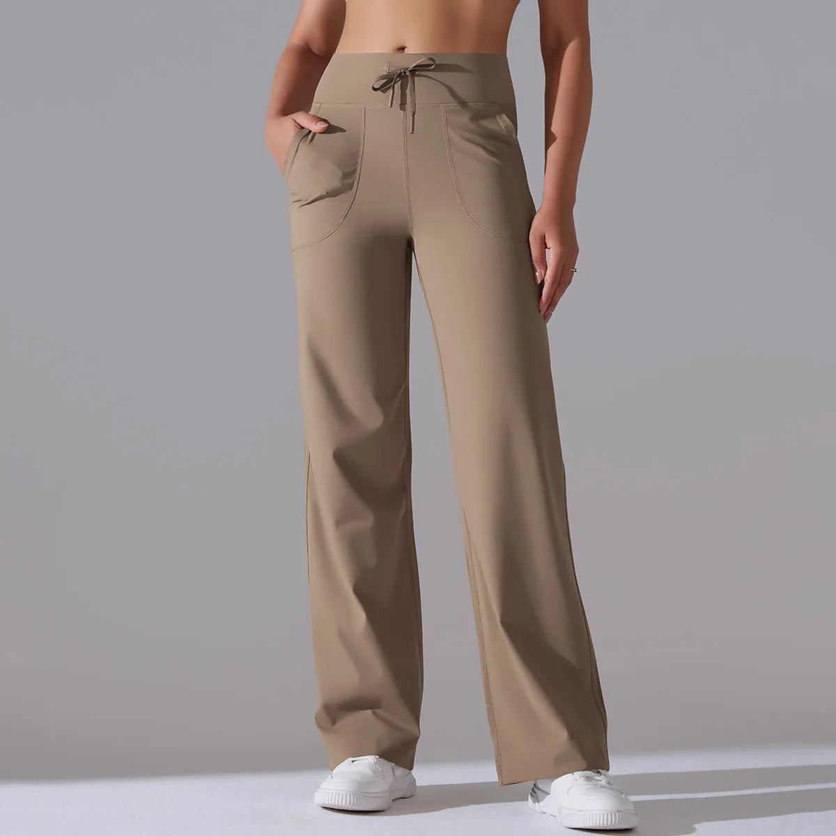 Women's Drawstring Waist Nylon Blend Wide Leg Pants with Extended Length Options
