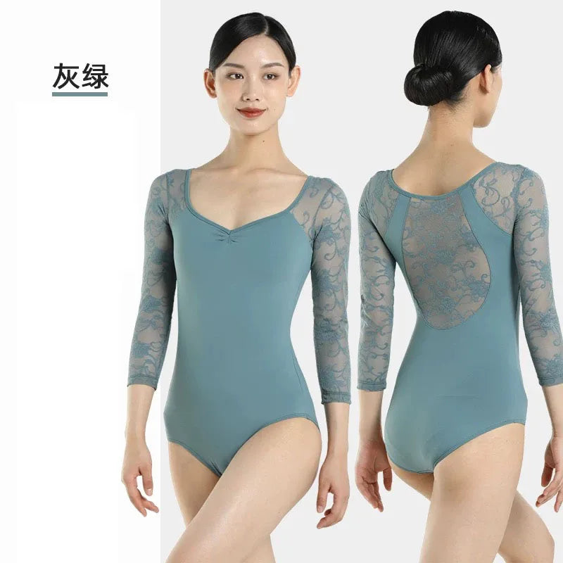 Women's Lace Sleeve Ballet Leotard with V Neckline and Back Opening