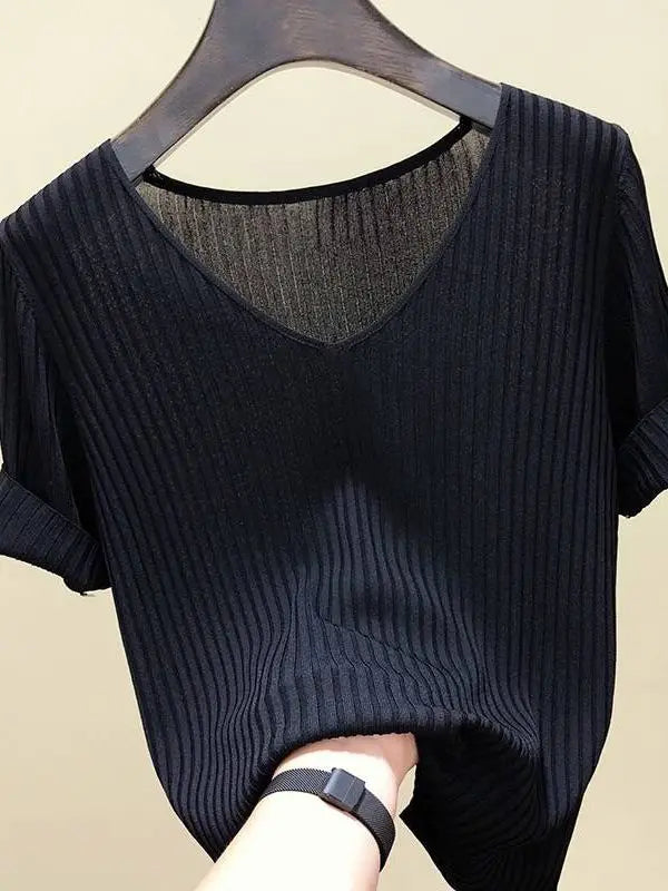 Women's V Neck Short Sleeve Sweater Casual Knit Layer