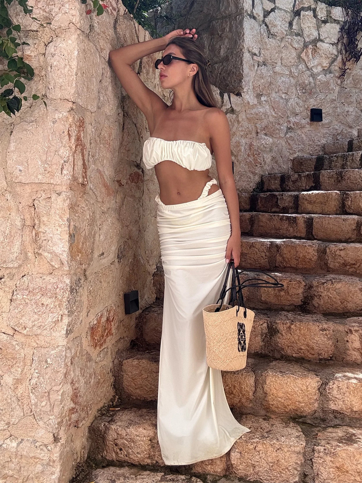 Ruched Bandeau Bikini with Maxi Skirt
