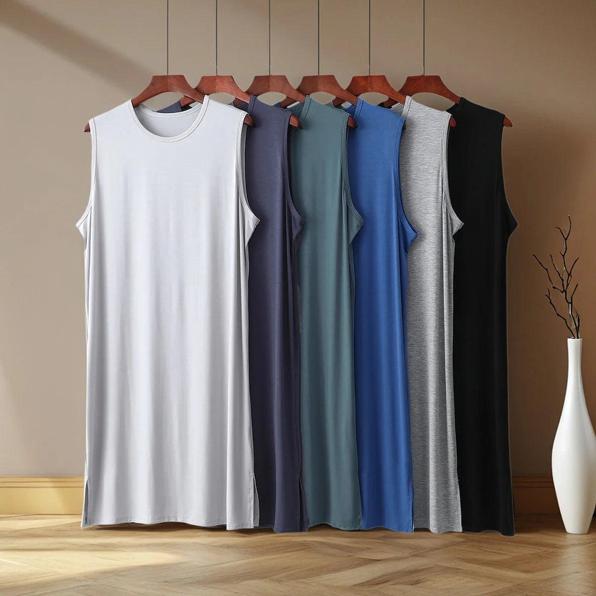 Men's Sleeveless Round Neck Lounge Nightdress with Straight Silhouette