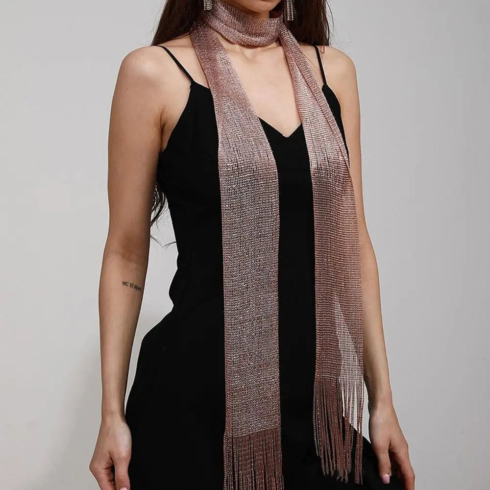 Sheer Long Narrow Scarf with Shimmer and Tassel Ends