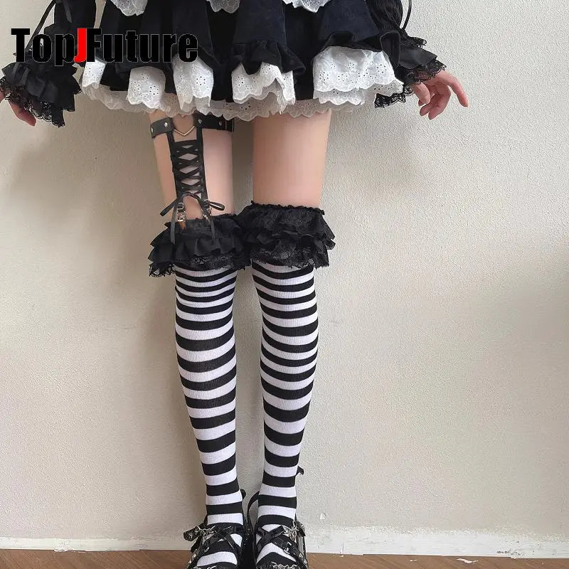 Striped Thigh High Stockings with Lace and Strap Details