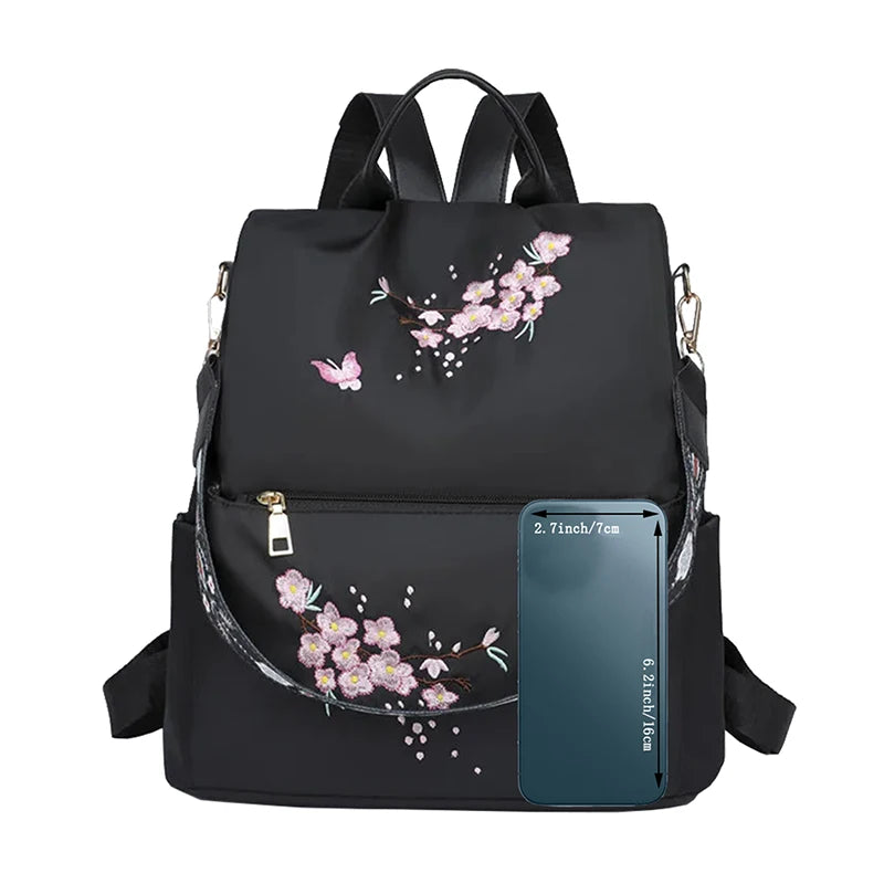 Floral Print Backpack with Rear Zipper Opening and Top Handle