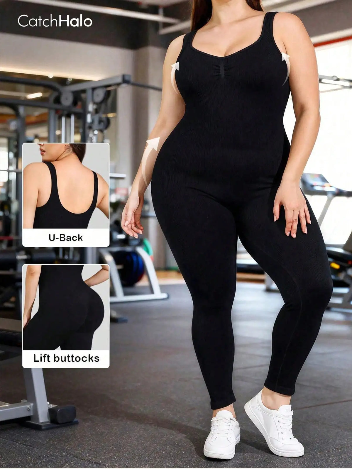 Women's Plus Size Nylon Blend Sleeveless Workout Jumpsuit with Open Back