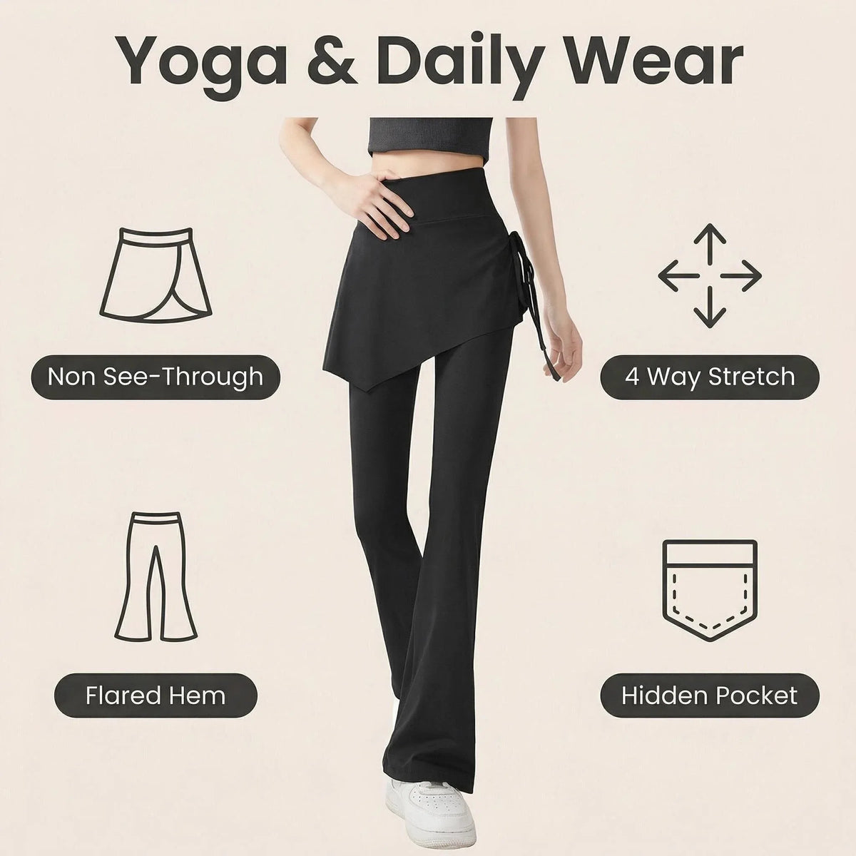 Women's Skirt Overlay Flared Pants with High Waist for Yoga and Casual Wear