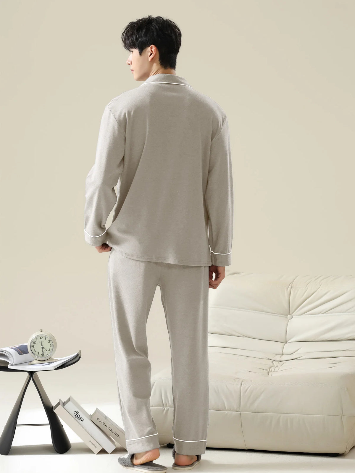 Men's Button Front Long Sleeve Pajama Set for Home Wear