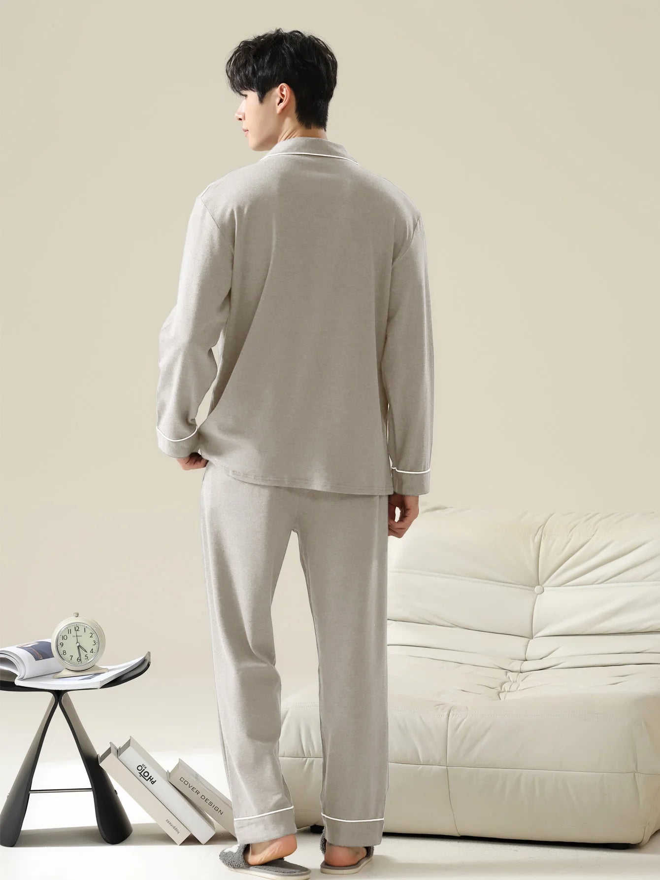 Men's Button Front Long Sleeve Pajama Set for Home Wear