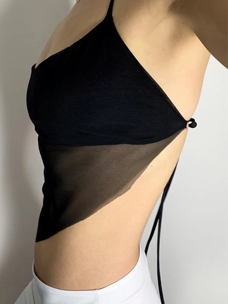 Women's Sheer Mesh Crop Top with Halter Ties and Pointed Front Hem