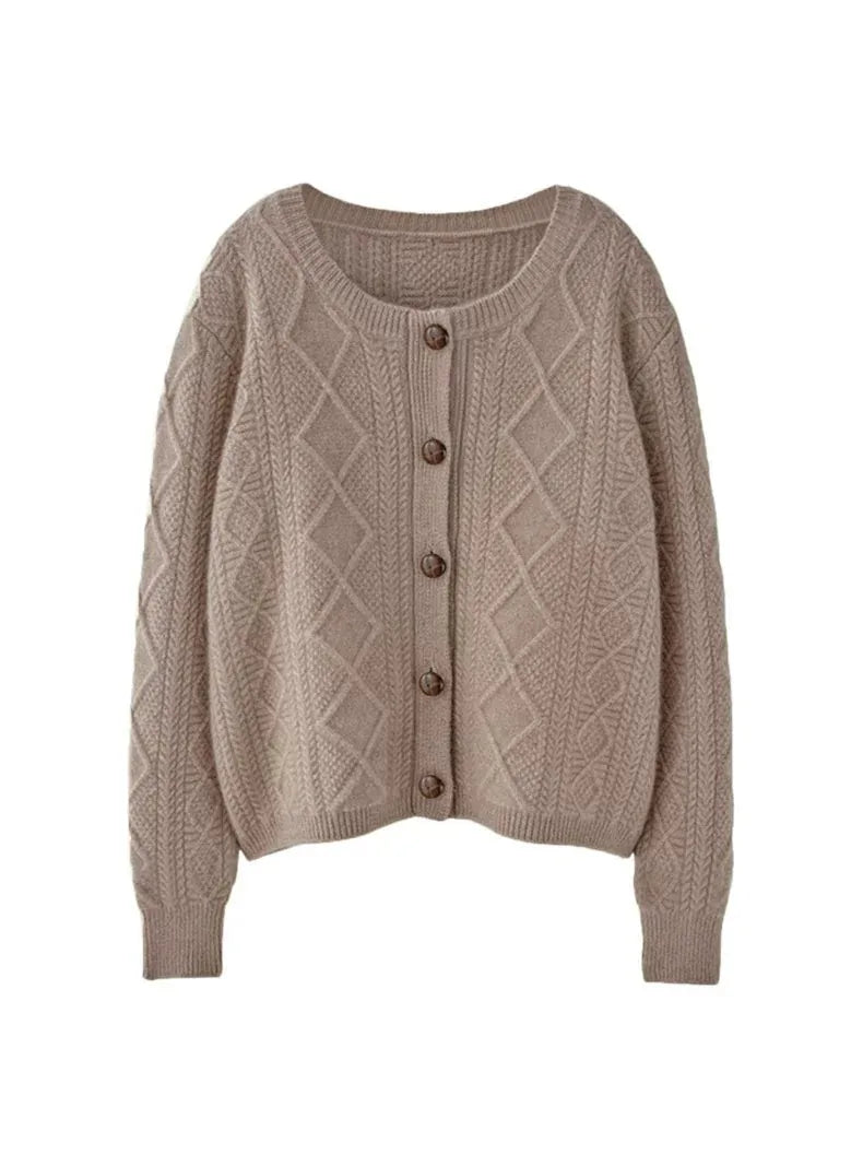 new autumn and winter cashmere twisted floral women's round neck cardigan sweater loose 100%wool