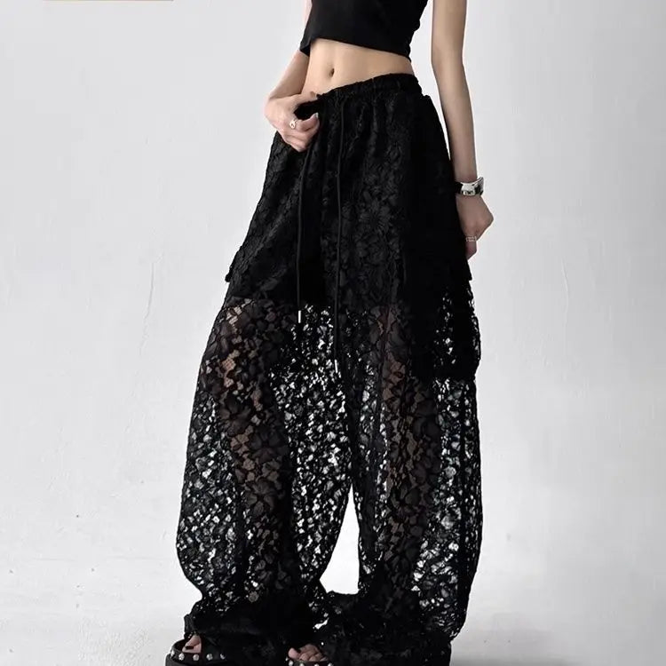 Women's Wide Leg Lace Pants with Short Lining and Pockets