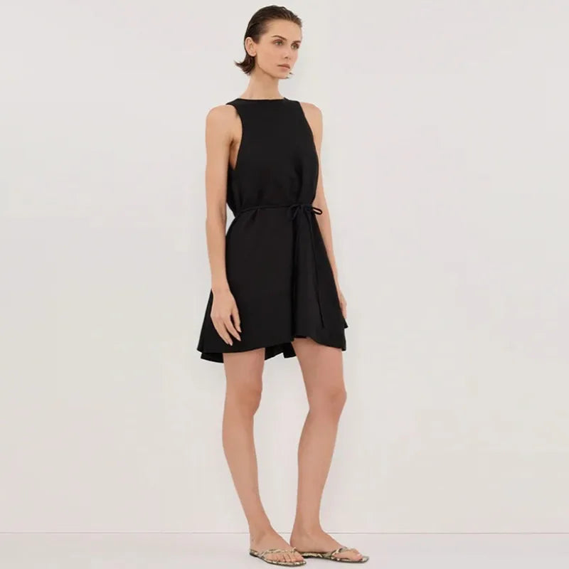 Women's Linen Sleeveless Loose Mini Dress with Waist Tie and Zipper Closure