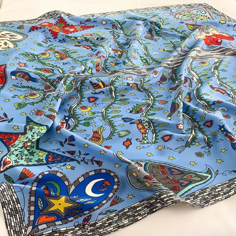 Printed Large Square Scarf with Decorative Border Designs