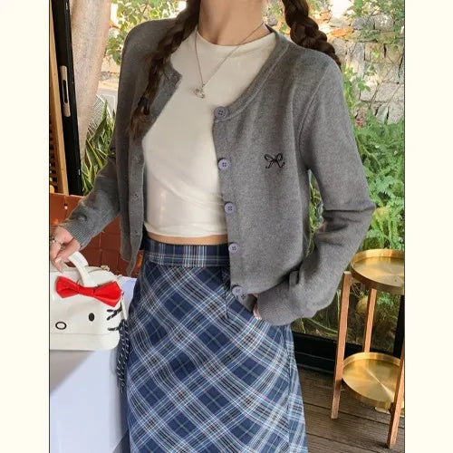 Women's Crew Neck Bow Embroidered Button Front Cardigan