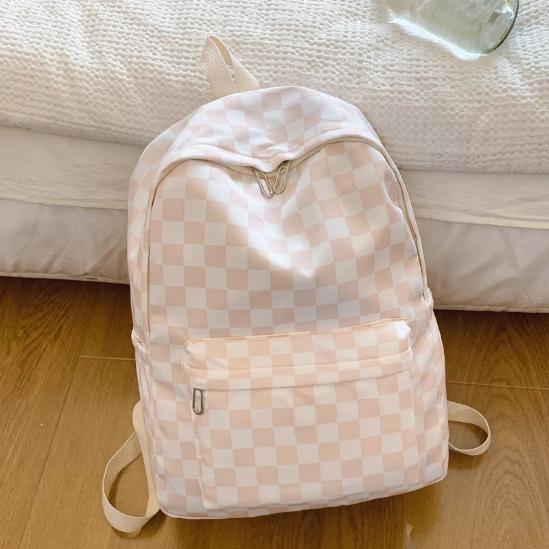 Women's Checkerboard Print Backpack with Front Pocket and Adjustable Shoulder Straps