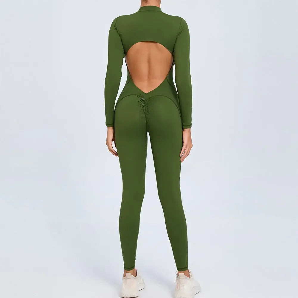 Women's Long Sleeve Nylon Blend Workout Jumpsuit with Zip and Back Cutout