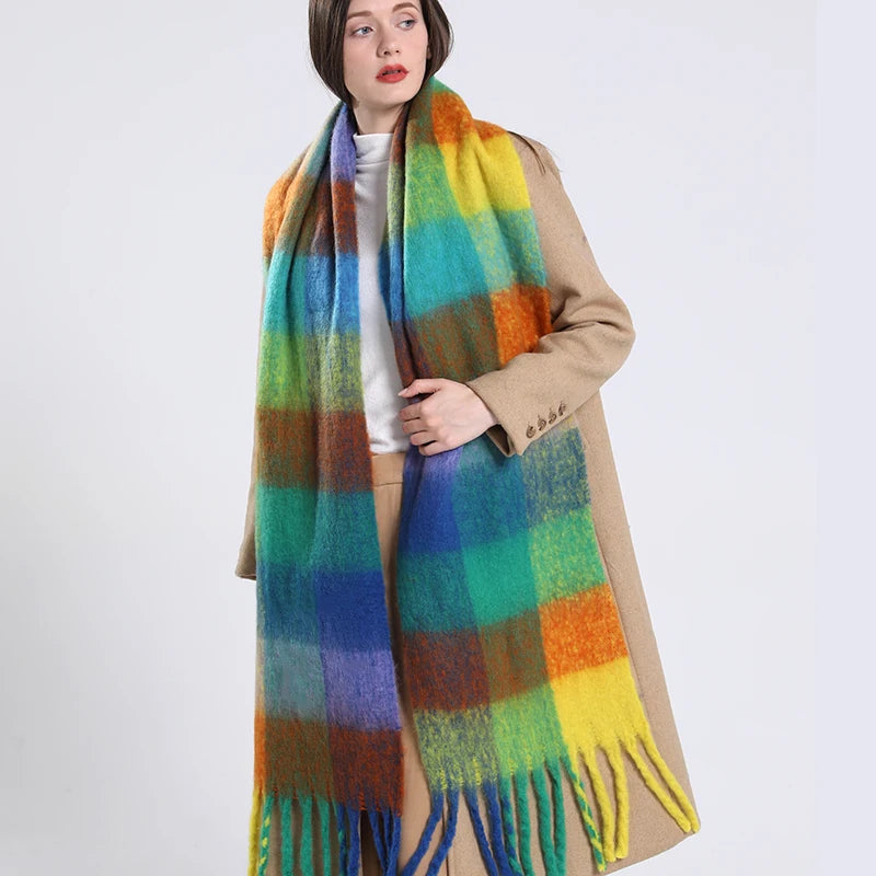 Multicolor Plaid Scarf with Long Shape and Fringed Ends