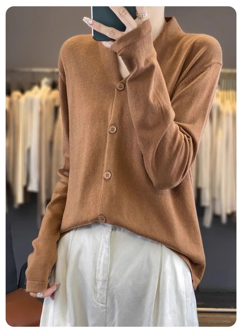 Light luxury retro style! V-neck pure cashmere knit cardigan women's autumn and winter loose wool top bottom sweater coat