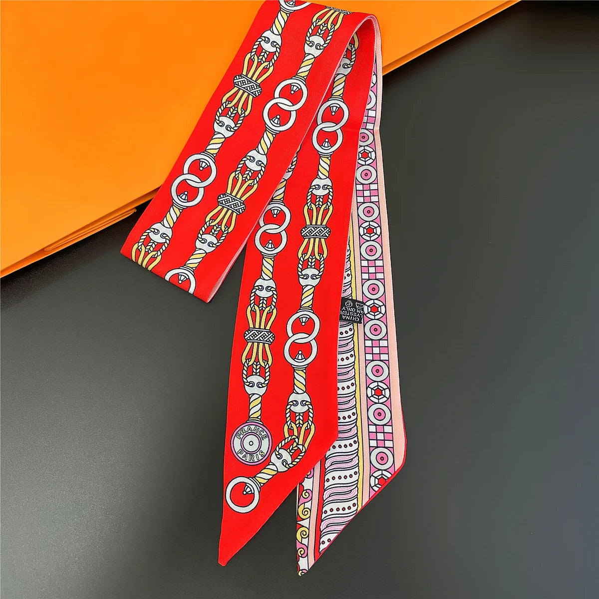 Colorful Printed Skinny Ribbon Scarf with Tie Ends