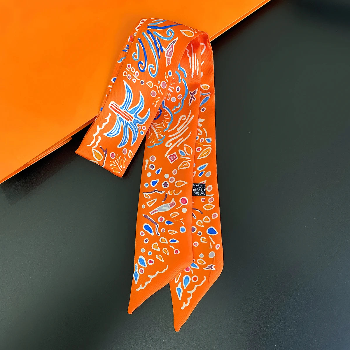 Colorful Printed Skinny Ribbon Scarf with Tie Ends
