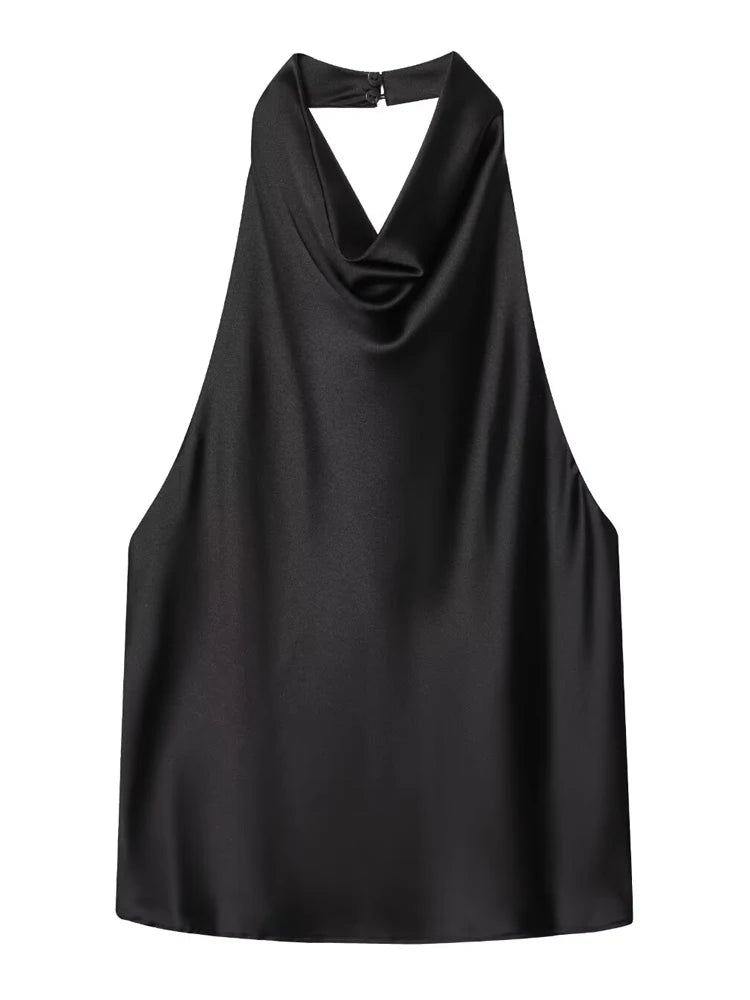 Women's Satin Polyester Halter Camisole with a Draped Front and Open Back